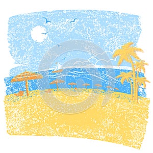 Nature tropical beach with beach umbrellas .VEctor symbol seascape