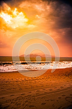 Nature in twilight period, Sunrise or Sunset over the sea with beach