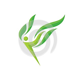 Nature - vector logo template concept illustration. Abstract flight human character figure with green leaves creative sign.