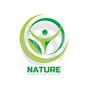 Nature - vector logo template concept illustration in flat style. Abstract shapes. Green leaf and human character silhouette.
