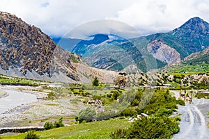 Nature view on the road to Manang village in Annapurna Conservation Area, Nepal