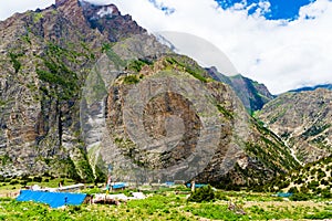 Nature view and traditional stone houses in Annapurna Conservation Area, Nepal