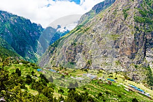 Nature view and traditional stone houses in Annapurna Conservation Area, Nepal
