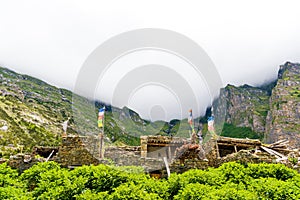 Nature view and traditional stone houses in Annapurna Conservation Area, Nepal