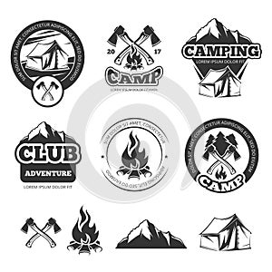 Nature vintage labels set for scout camp. Camping badges with tourist tent. Adventure vector illustrations