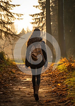 Nature Walk: An invigorating capture of someone enjoying a brisk morning walk autumn forest, harnessing the outdoors to