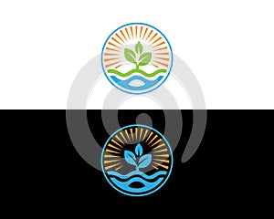 Nature And Water Logo Design With Plant Symbol, Sun Power, Energy Solar Icon Vector