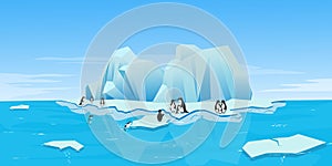 Nature winter arctic ice landscape with iceberg, snowy mountains, hills and penguins. Winter vector illustration. winter