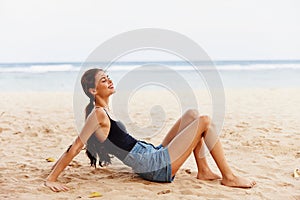 nature woman sea beach freedom sitting travel smile vacation sand female