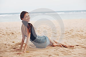 nature woman sea beach freedom white vacation sand travel sitting smile