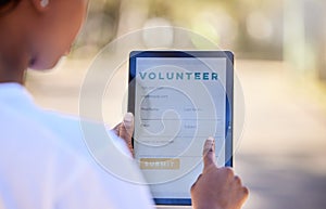 Nature, woman and a tablet for volunteering registration, checklist or signup on a screen. Hands, environment and a