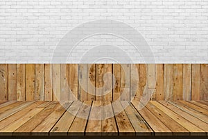 Nature wooden product table blank, Wood floor top view and white brick wall background perspective for display your packaging or