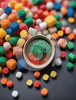 Naturefriendly Biodegradable Plastic Granules Different Colors On Table, Recycling Concept. Generative AI