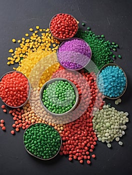 Naturefriendly Biodegradable Plastic Granules Different Colors On Table, Recycling Concept. Generative AI