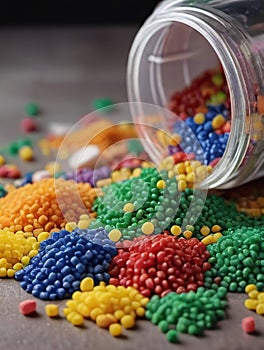 Naturefriendly Biodegradable Plastic Granules Different Colors On Table, Recycling Concept. Generative AI