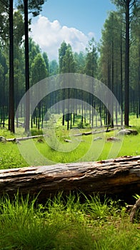 Natures beauty Pine forest with a log on vibrant grass