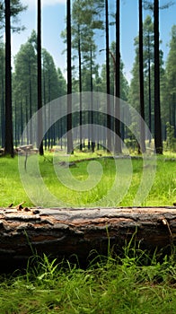 Natures beauty Pine forest with a log on vibrant grass