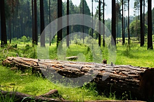 Natures beauty Pine forest with a log on vibrant grass