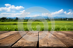 Natures beauty Wooden floor, green rice fields, and clear blue sky