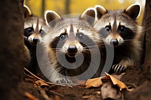 Natures comedians funny raccoons in a bustling autumn forest