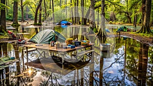 Natures Fury Abandoned Campground Engulfed by a Flash Flood Leaving Behind a Trail of Waterlogged Debris and Ruin photo