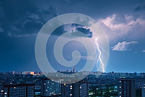 Natures fury Lightning bolt strikes over the city during thunderstorm