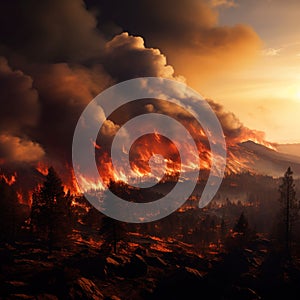 Natures fury Mountains ablaze with a wildfire in a daytime setting