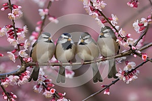 Natures gathering four birds perched on branch amidst pink blossoms