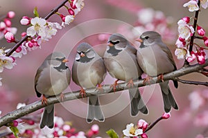 Natures gathering four birds perched on branch amidst pink blossoms