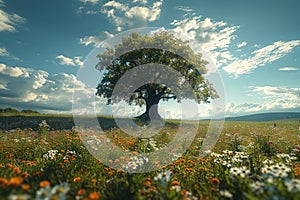 Natures grandeur Huge tree amidst sprawling flower field under summer sky