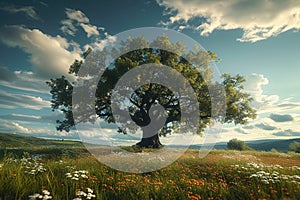 Natures grandeur Huge tree amidst sprawling flower field under summer sky