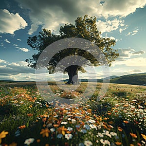 Natures grandeur Huge tree amidst sprawling flower field under summer sky