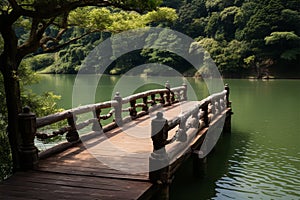 Natures harmony Bridge against a scenic lake at Pang Oung