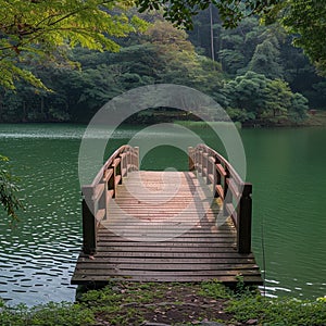 Natures harmony Bridge against a scenic lake at Pang Oung