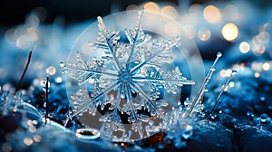 Natures Ice Art Macro Snowflake with Bokeh for Christmas