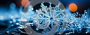 Natures Ice Art Macro Snowflake with Bokeh for Christmas