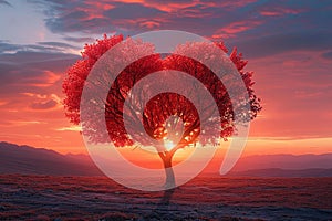 Natures love Vibrant red heart shaped tree set against sunset backdrop