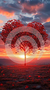 Natures love Vibrant red heart shaped tree set against sunset backdrop