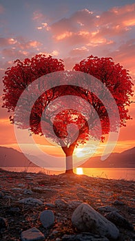 Natures love Vibrant red heart shaped tree set against sunset backdrop