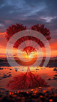 Natures love Vibrant red heart shaped tree set against sunset backdrop