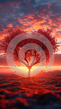 Natures love Vibrant red heart shaped tree set against sunset backdrop