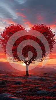 Natures love Vibrant red heart shaped tree set against sunset backdrop