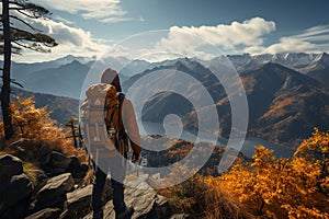 Natures reward, successful hiker enjoys mountaintop view, a tangible accomplishment