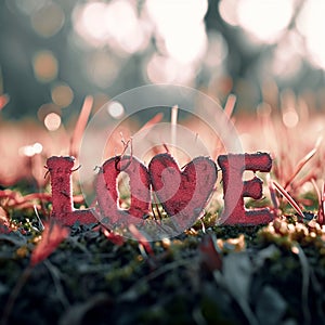 Natures romance LOVE text, Valentines background in the wilderness