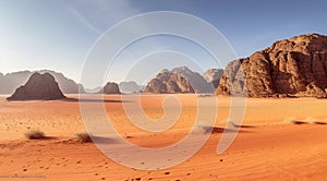 Natures Scarlet Tapestry, Mountains and Red Sands Unite in a Picturesque Desert Panorama. Generative AI