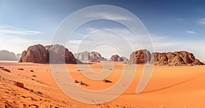 Natures Scarlet Tapestry, Mountains and Red Sands Unite in a Picturesque Desert Panorama. Generative AI