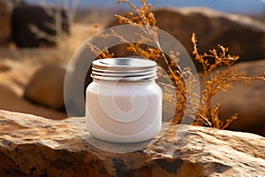 Natures simplicity white jar near a solid, weathered rock