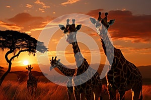 Natures spectacle a transformed moment as giraffes graze at dusk