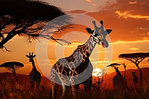 Natures spectacle a transformed moment as giraffes graze at dusk