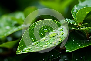 Natures touch Water on green leaf background, refreshing and serene